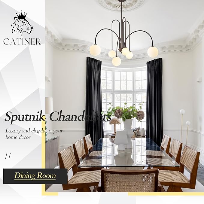 Sputnik Chandelier Brown,6 Lights Large Modern Chandelier L40”Mid Century Long Ceiling Pendant Light Fixtures for Dining Room with Milk Glass Globe Shades for High Ceiling Foyer Living Room