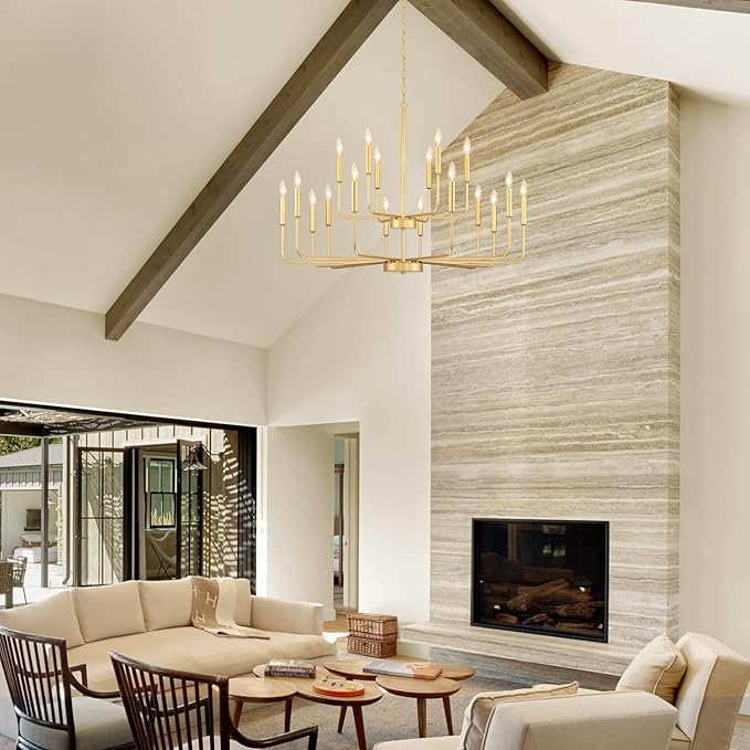 Gold Chandeliers for Dining Room Light Fixture Over Table, Modern Farmhouse Chandeliers for Living Room,18-Lights Industrial Metal Candle Lighting Fixtures for Entryway Kitchen Island Foyer