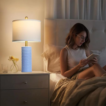 Cinyirong 24.5" Table Lamp Set of 2, Modern Ceramic Bedside Lamps for Night Stands, Classic Small Lamp Nightstand Lamp for Bedroom Living Room Desk End Table Rotary Switch Blue