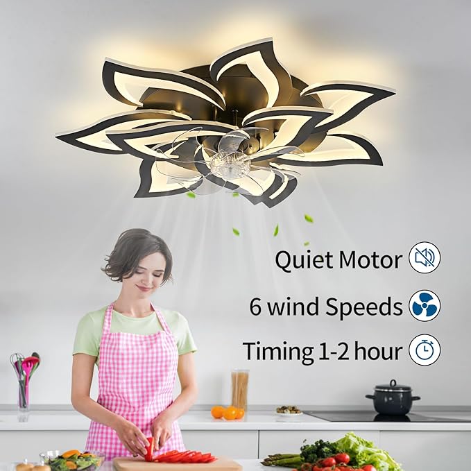 32inch Black Flower Modern Ceiling Fans with Lights, Low Profile Ceiling Fan with Remote for Bedroom, Flush Mount Ceiling Fan with LED Dimmable Light,6-Speeds, Timing Ceiling Fan Light