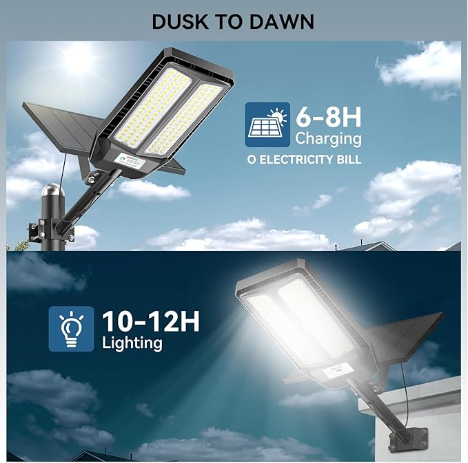 VOOJOY 9000W Solar Street Lights Outdoor, 7000K Solar Light Outdoor LED Street Light Dusk to Dawn, LED Wide Angle Lamp with Motion Sensor and Remote Control for Parking Lot, Yard