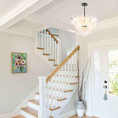Dia 28 Inch, Modern Glass Chandeliers for Bedroom, Black Dining Room Light Fixture, Large Vintage Pendant Chandelier for Living Room Entryway Foyer