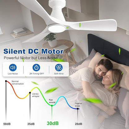 DLLT 42-Inch Ceiling Fans with Lights: Flush Mount Ceiling Fan 3 Blades for Indoor Outdoor - White Ceiling Fan with Remote APP Control Noiseless for Low Profile Bedroom