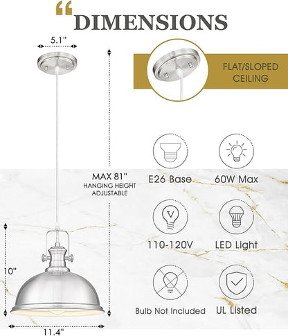 Pendant Lights Kitchen Island, Farmhouse Hanging Lights Fixtures with Metal Shade, Rustic Kitchen Pendant Lighting Over Island for Dining Room, Brushed Nickel, AD-2151-1PL-SN