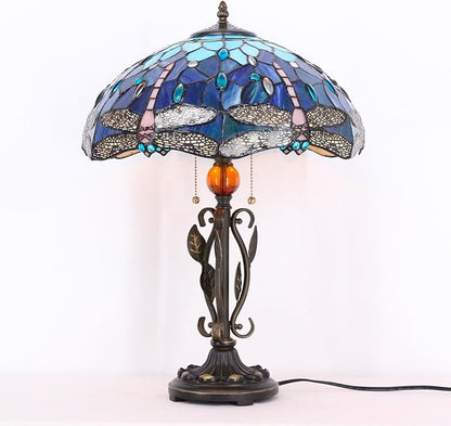 Tiffany Table Lamp Blue Dragonfly Stained Glass Desk Reading Light 16X16X24 Inch Metal Leaf Base for Bedroom Living Room Home Office