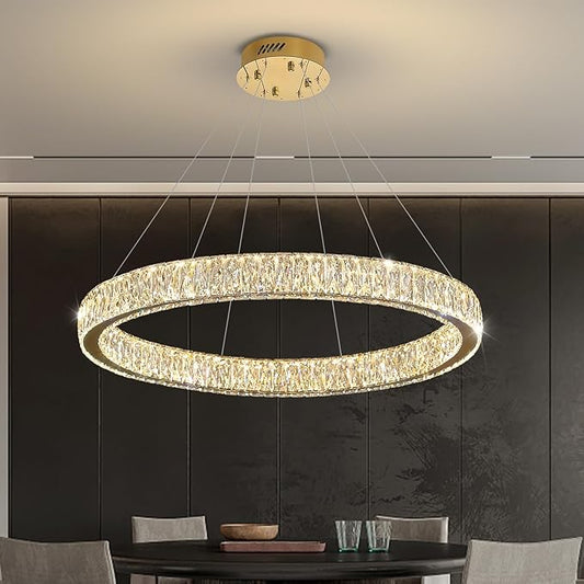 Modern LED Dimmable Crystal Chandelier 39.4" Ring Pendant Light Adjustable Gold Round Crystal Chandelier Light Fixtures for Dining Room Living Room