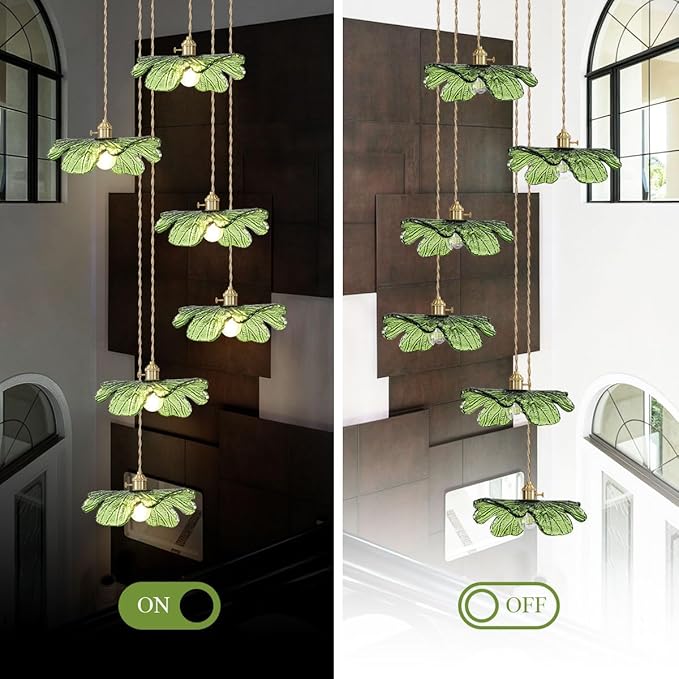 Long High Ceiling Chandelier with Green Blown Flower Glass Shade Vintage Flush Mount Ceiling Hanging light Gold brass pendant light 5 light Ceiling Chandeliers for Staircase Foyer Entryway Living