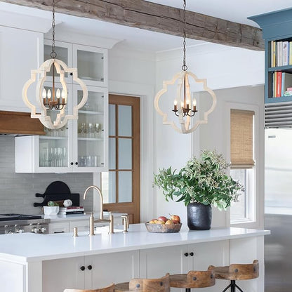 22" Oak Distressed White Chandeliers for Dining Room Farmhouse Wood Pendant Lights Kitchen Island 4-Light Orb Lantern Cage Ceiling Hanging Light Over Table for Entryway Foyer Living Room Bedroom