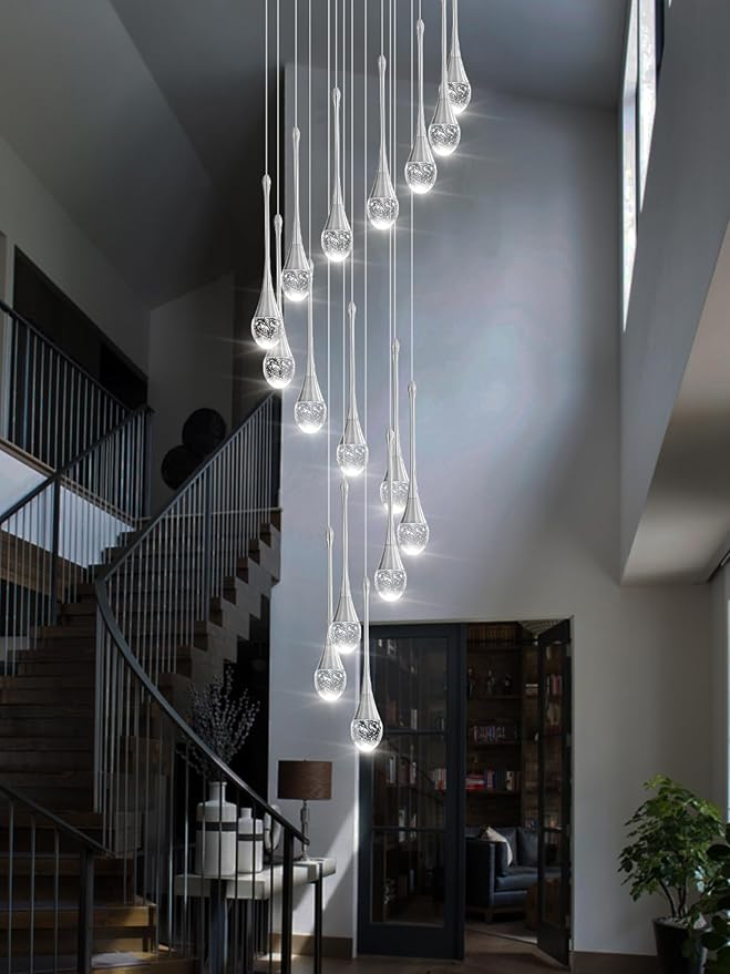 ykolupty Modern Crystal Chandeliers LED Dimmable Stairwell Chandelier Silver Teardrop Chandelier Large Pendant Light for Entryway Foyer Living Room
