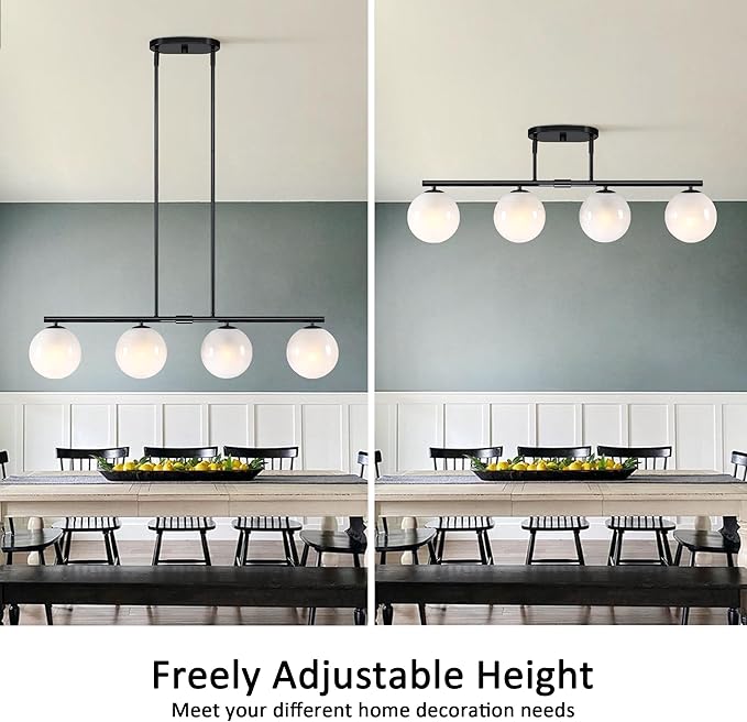 Mid Century Globe Sputnik Chandelier Black Island Light Linear Chandelier Milky Art Glass Shade Globe Pendant Light Fixture for Bedroom Living Room Hallway Dining Room Kitchen T720604L-BK