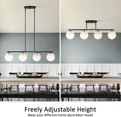 Mid Century Globe Sputnik Chandelier Black Island Light Linear Chandelier Milky Art Glass Shade Globe Pendant Light Fixture for Bedroom Living Room Hallway Dining Room Kitchen T720604L-BK