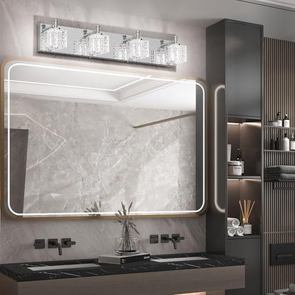 Ralbay Modern LED Chrome Vanity Lights - 4 Lights Crystal Bathroom Light Fixtures Over Mirror