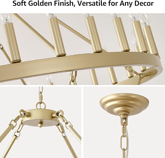 HHR 48" Gold Wagon Wheel Chandelier 2 Tiers, 36-Light Large Farmhouse Chandelier for High Ceilings, Round Rustic Pendant Light Fixture for Foyer, Entryway, Dining Room, E12