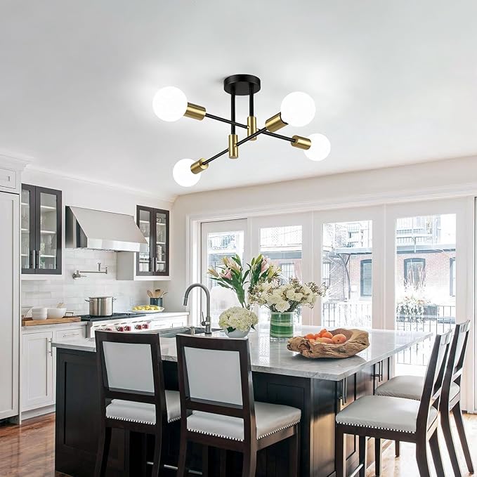 Bosceos Semi Flush Mount Ceiling Light Fixture, 4-Light Modern Black and Gold Sputnik Chandelier Industrial Ceiling Lamp for Kitchen Dining Room Living Room Bedroom Foyer