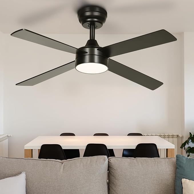 YITAHOME 48 Inch Black Ceiling Fan with Lights and Remote,4 Blades, App Control, Modern Smart Ceiling Fan Compatible with Alexa for Indoor, Reversible Quiet Motor, Memory Function