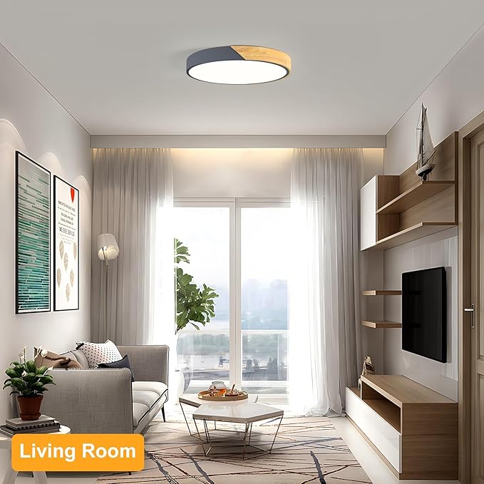 Modern LED Ceiling Light, Minimalist Wood Flush Mount Ceiling Light Fixture, 4000K Not Dimmable, Circle Lighting Lamp with Acrylic Lampshade for Bedroom Dining Room Laundry (Grey, 15.8'')