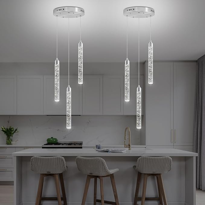 Crystal Kitchen Island Chandelier, Modern Chrome Spiral Dimmable LED Cluster Raindrop Foyer Chandelier Lighting, Bubble Dining Room Hanging Light Fixture 3 Light Remote Control
