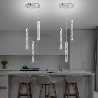 Crystal Kitchen Island Chandelier, Modern Chrome Spiral Dimmable LED Cluster Raindrop Foyer Chandelier Lighting, Bubble Dining Room Hanging Light Fixture 3 Light Remote Control