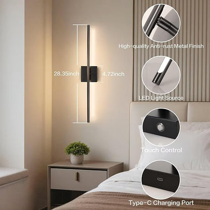 Rechargable Wall Sconce Set of Two, Modern Wireless Living Room Wall Decor Lights with Remote, 28.35Inch Dimmable Indoor Home Decor Lights for Bedroom, Living Room, Hallway (Black/Square)
