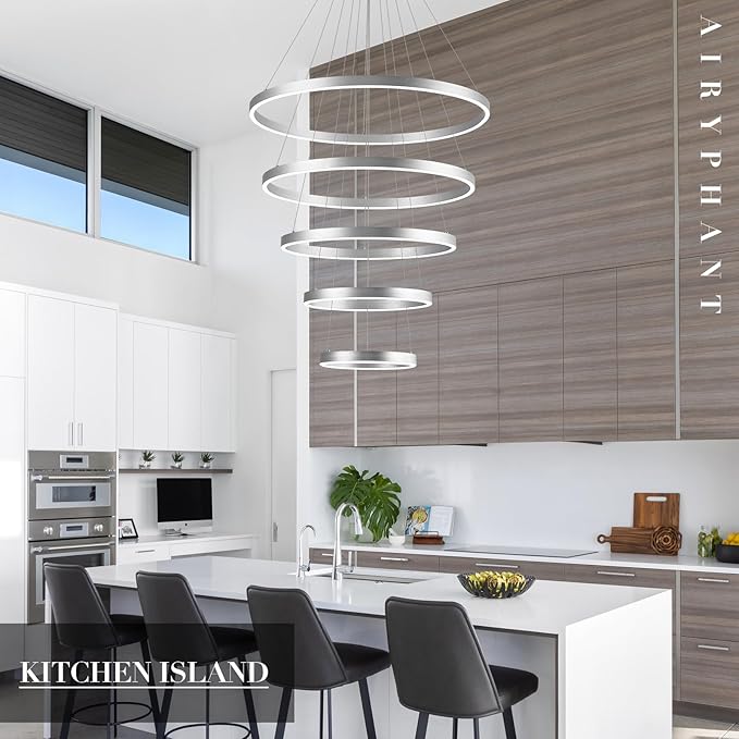 Modern LED Chandeliers 5-Ring Chandelier High Ceiling Chandelier 31" Large Foyer Chandeliers Entryway Silver Dimmable Pendant Light Fixture for Living Room Staircase, 3000K-6500K