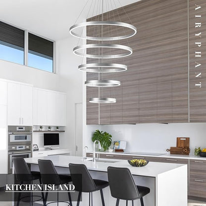 Modern LED Chandeliers 5-Ring Chandelier High Ceiling Chandelier 31" Large Foyer Chandeliers Entryway Silver Dimmable Pendant Light Fixture for Living Room Staircase, 3000K-6500K