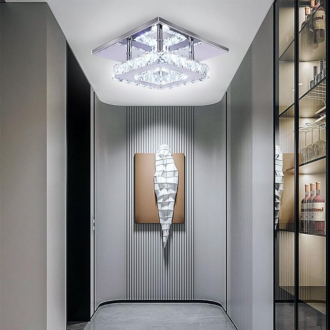 Modern Crystal Chandelier 7.9 Inches Led Ceiling Light Mini Square Flush Mount Ceiling Light for Bedrooms Dinning Rooms Hallway(Changeable Color,15W)