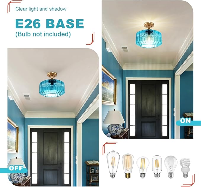 11.02" Blue Glass Flush Mount Ceiling Light, Vintage Gold Modern Close-to-Ceiling Fixture for Hallway, Bathroom, Bedroom, Entryway, E26 Compatible (No Bulb)