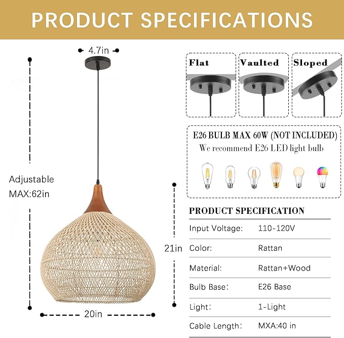 20" Large Rattan Pendant Light, Rattan Chandelier Hand-Woven Boho Pendant Light Fixtures with Solid Wood, Basket Wicker Chandelier for Dining Room Kitchen Island Living Room