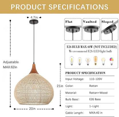 20" Large Rattan Pendant Light, Rattan Chandelier Hand-Woven Boho Pendant Light Fixtures with Solid Wood, Basket Wicker Chandelier for Dining Room Kitchen Island Living Room
