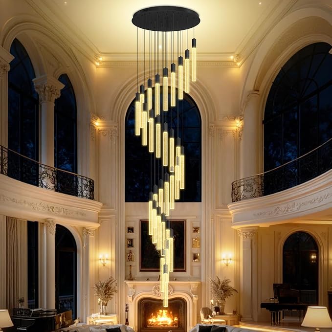 D28inxH177in Long Crystal Column Chandelier Large Black Staircase Chandelier for High Ceiling 30-Light Dimmable LED Pendant Lighting Foyer Entryway Light Source is Replaceable