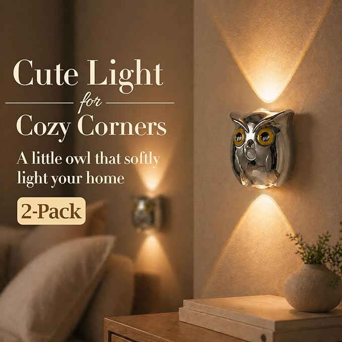 2-Pack Silver Owl Wall Lamp, Cute LED Night Light for Bedroom Decor, Warm Ambient Lighting for Kids Room, Nursery & Hallway, Creative Animal Wall Light, Gift for Home Decoration