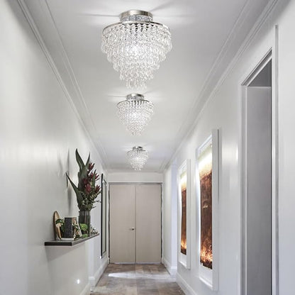 FRIXCHUR 11.8" Crystal Chandelier Chrome Flush Mount Ceiling Light 5 Tiers Raindrops Silver Chandeliers for Bedroom Hallway Living Room, E26 Base