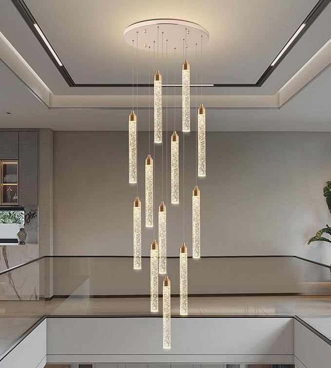 Crystal Staircase Chandelier, Modern Gold Large Spiral Dimmable LED Cluster Raindrop Foyer Chandelier Lighting, Bubble Living Room Hanging Light Fixture 12 Light Remote Control