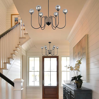 29" Black Modern Glass Chandelier 6-Lights Vintage Farmhouse Chandelier Adjustable Rod Industrial Glass Chandeliers for Dining Room, Bedroom, Kitchen Island, Living Room, Entryway, Hallway, G9
