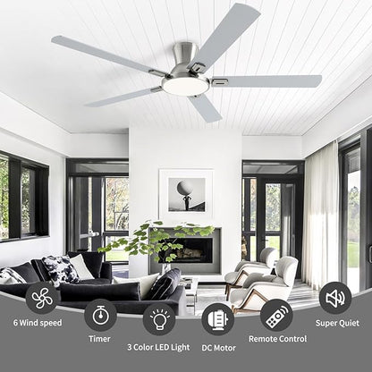 60 Inch Brushed Nickel Ceiling Fans with Lights and Remote, Flush Mount Low Profile 5 Blades Ceiling Fan with 10 Inch Lighting Fixture, Quiet Reversible DC Motor for Living Room, Bedroom and Patio