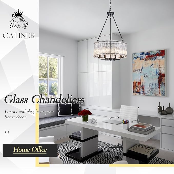 CATINER Black Drum Chandelier 6-Light Modern Crystal Glass Chandeliers 20" Luxury Ceiling Pendant Light Fixture for Entryway Foyer Dining Room Bedroom Kitchen