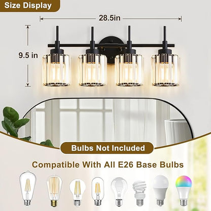 EJIAXIN 4 Light Round Crystal Vanity Lights, Modern Black Crystal Wall Light Bath Mirror Light Fixture Over Mirror Bathroom Wall Sconces for Bathroom Living Room