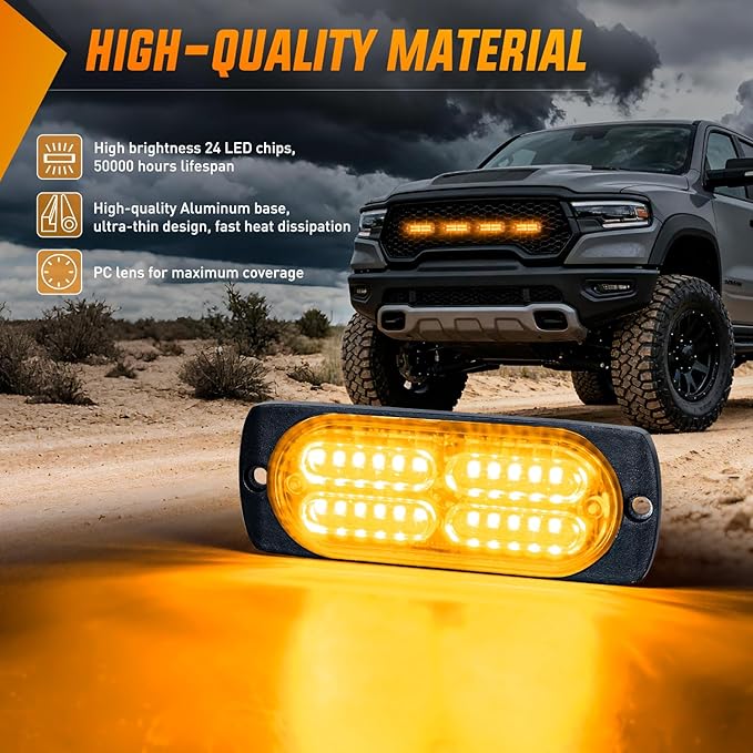 Nilight 4PCS 24LED Emergency Strobe lights 12V 24V Amber Surface Mount Grille Hazard Safety Warning Light Sync Feature Side Flashing Marker Flash for Car Truck Campers