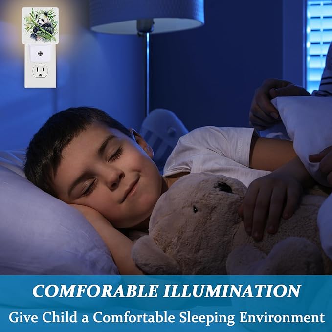 Watercolor Panda Bamboo Night Light, Plug-into Wall Cute Animal Asian Bear Nightlight Lamp with Dusk to Dawn Sensor, Led Lamp 0.5W Energy Efficient for Boys Girls Adults Home Decor