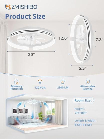 ZMISHIBO Low Profile Ceiling Fans with Lights and Remote, 20 Inch Flush Mount Ceiling Fan with Light, 3000K-6000K Dimmable Fandelier LED Fan Light, 6 Wind Speeds White Ceiling Fans for Bedroom