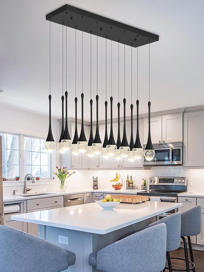 ykolupty Modern Rectangular Chandelier,14 Lights Black Raindrop Chandelier Lighting,Industrial Linear Pendant Ceiling Light Fixture for Dining Living Room Kitchen Island