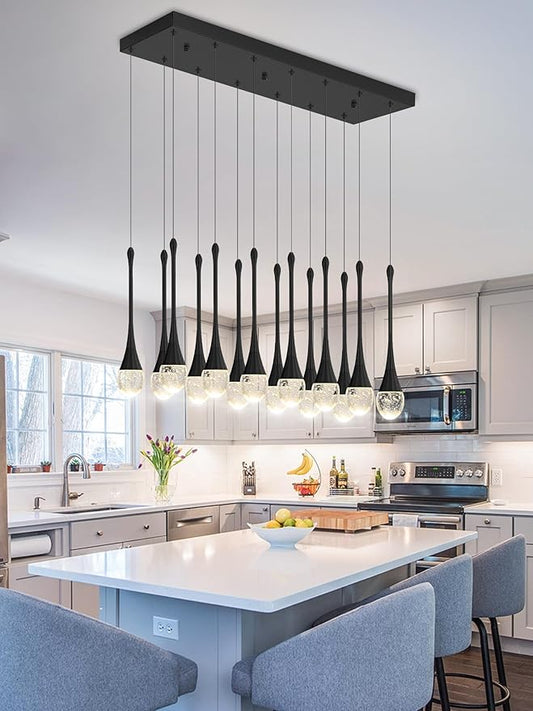 ykolupty Modern Rectangular Chandelier,14 Lights Black Raindrop Chandelier Lighting,Industrial Linear Pendant Ceiling Light Fixture for Dining Living Room Kitchen Island