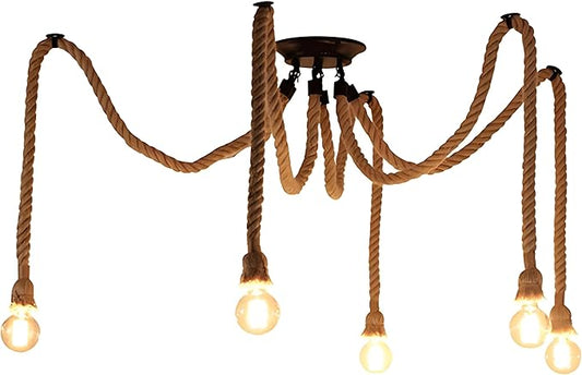 5 Head 2 Meter Vintage Hemp Rope Pendant Light Fixture E26/E27 Base, Vintage Ceiling Light Lamp,Retro Style for Dining Hall Restaurant Bar Lighting(Bulb not Included)