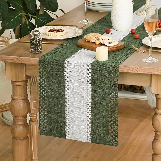 Artoid Mode Army Green Farmhouse Rustic Table Runner, Seasonal Hollow Kitchen Dining Table Decoration for Home Party Decor 12x72 Inch