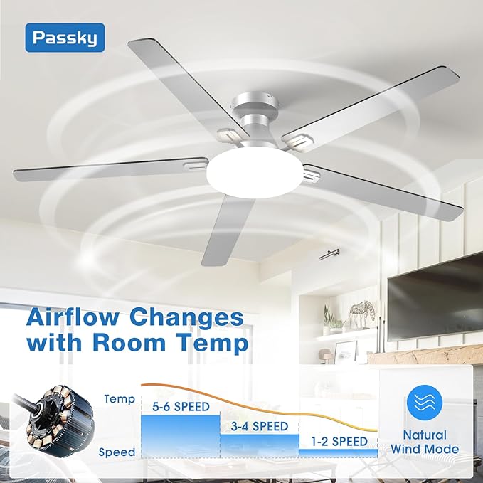 Passky Ceiling Fans with Lights, 60 inch Flush Mount Ceiling fan with Remote Control, Low Profile Ceiling Fan for Bedroom, Farmhouse, Reversible, 3CCT, Dimmable, Noiseless DC Motor, Silver