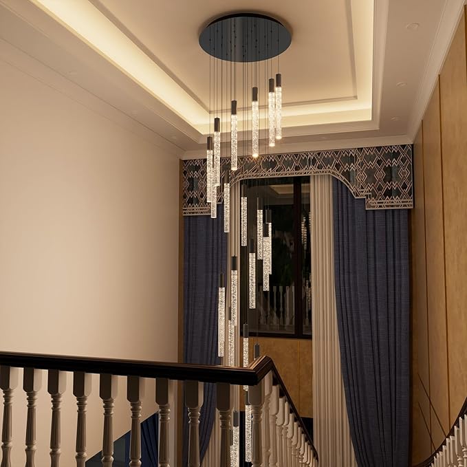 12FT Black Crystal Chandelier 26-Lights Modern LED Dimmable Pendant Lighting High Ceiling Hanging Fixture for Foyer Entryway Staircase Living Room Dining Room Villa Luxury Glam Ceiling Light