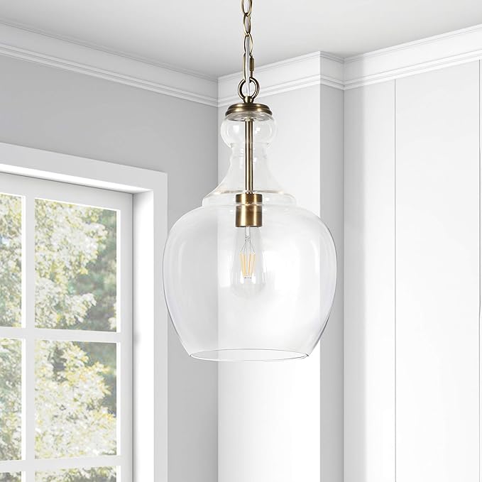 Henn&Hart 11" Mid-Century Modern Pendant Light Fixture with Clear Glass Dome Shade and 6' Adjustable Cord for Kitchen Island, Dining Room or Game Room, Brass
