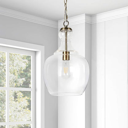 Henn&Hart 11" Mid-Century Modern Pendant Light Fixture with Clear Glass Dome Shade and 6' Adjustable Cord for Kitchen Island, Dining Room or Game Room, Brass