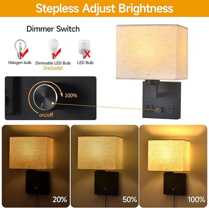 Bedside Wall Lamp for Bedroom, Plug in Wall Sconce - Dimmable Switch with AC Outlet & USB Charging Port, Fabric Shade, Black Wall Mounted Light for Living Room, Hotel
