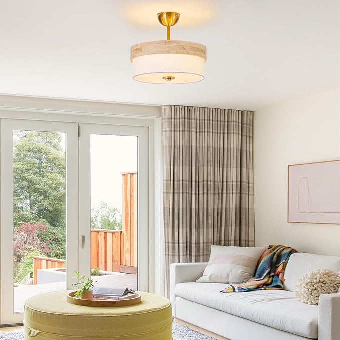 Bargeni Semi Flush Mount Ceiling Light Fixture,13 Inch Gold Light Fixtures Ceiling Mount, Natural Wood Trim with Cream White Fabric Shade, Modern Flush Mount Light Fixture for Bedroom,Hallway,Kitchen